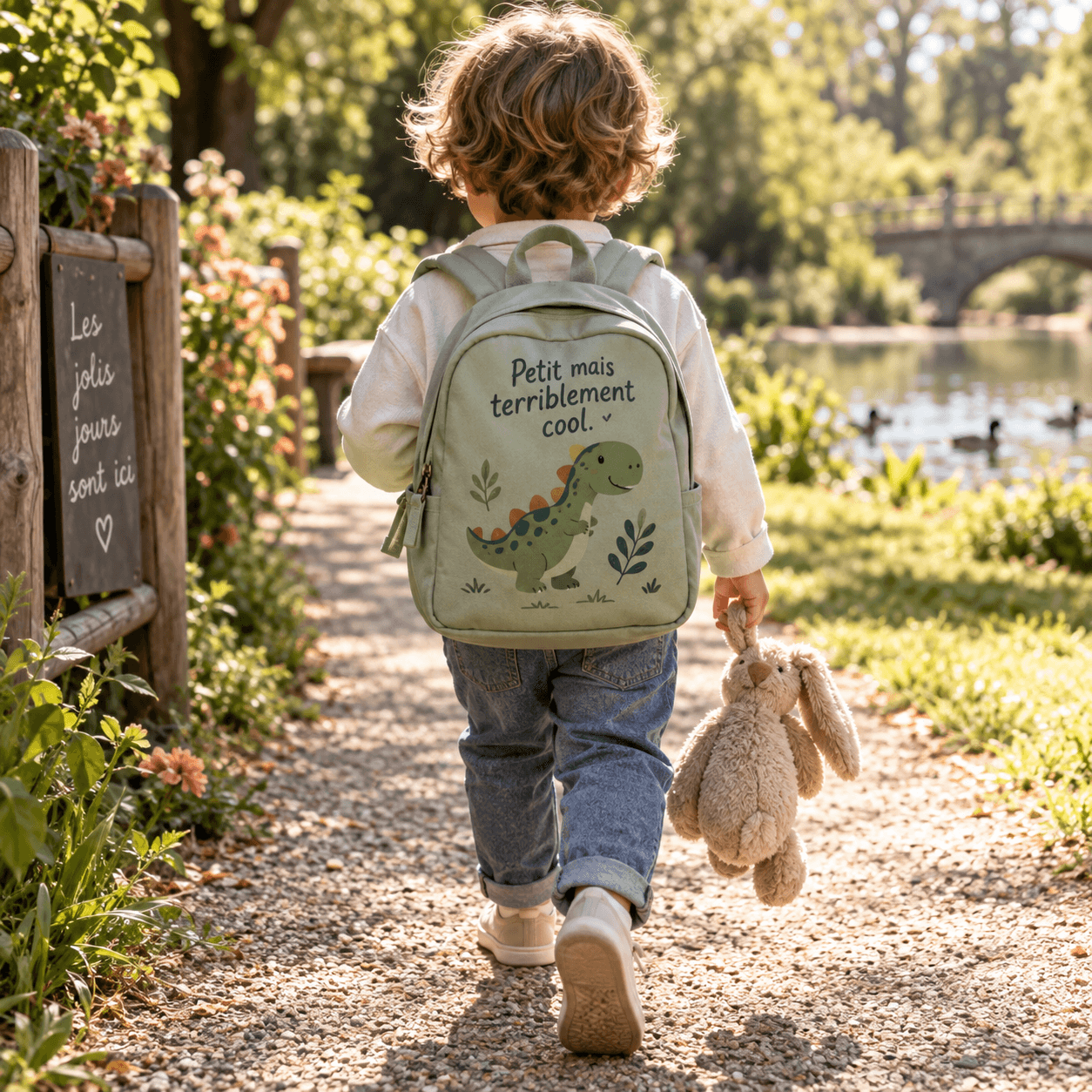 Enfant portant un sac personnalisé : « Petit mais terriblement cool. »