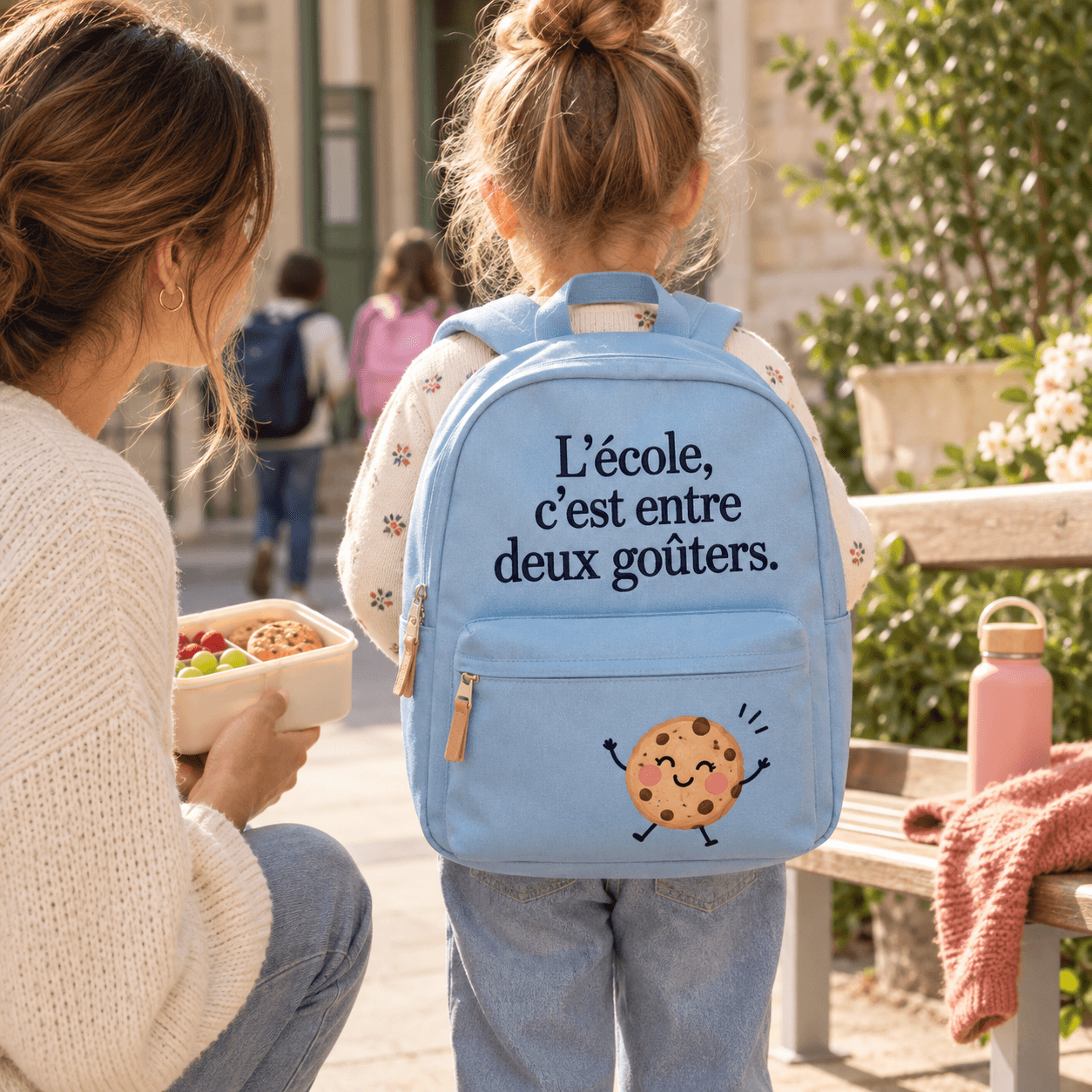 Enfant portant un sac personnalisé : « L’école, c’est entre deux goûters. »