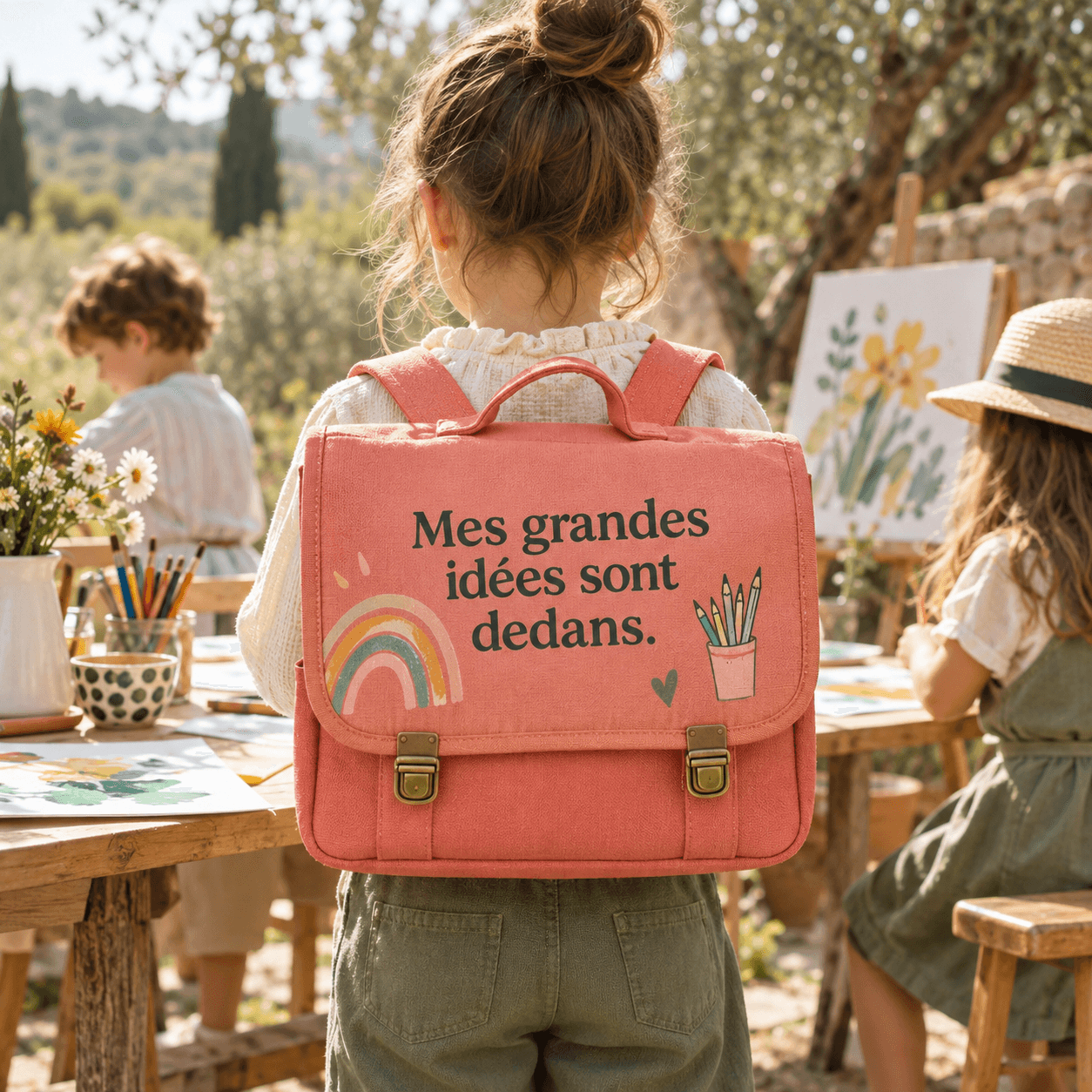 Enfant portant un sac personnalisé : « Mes grandes idées sont dedans. »
