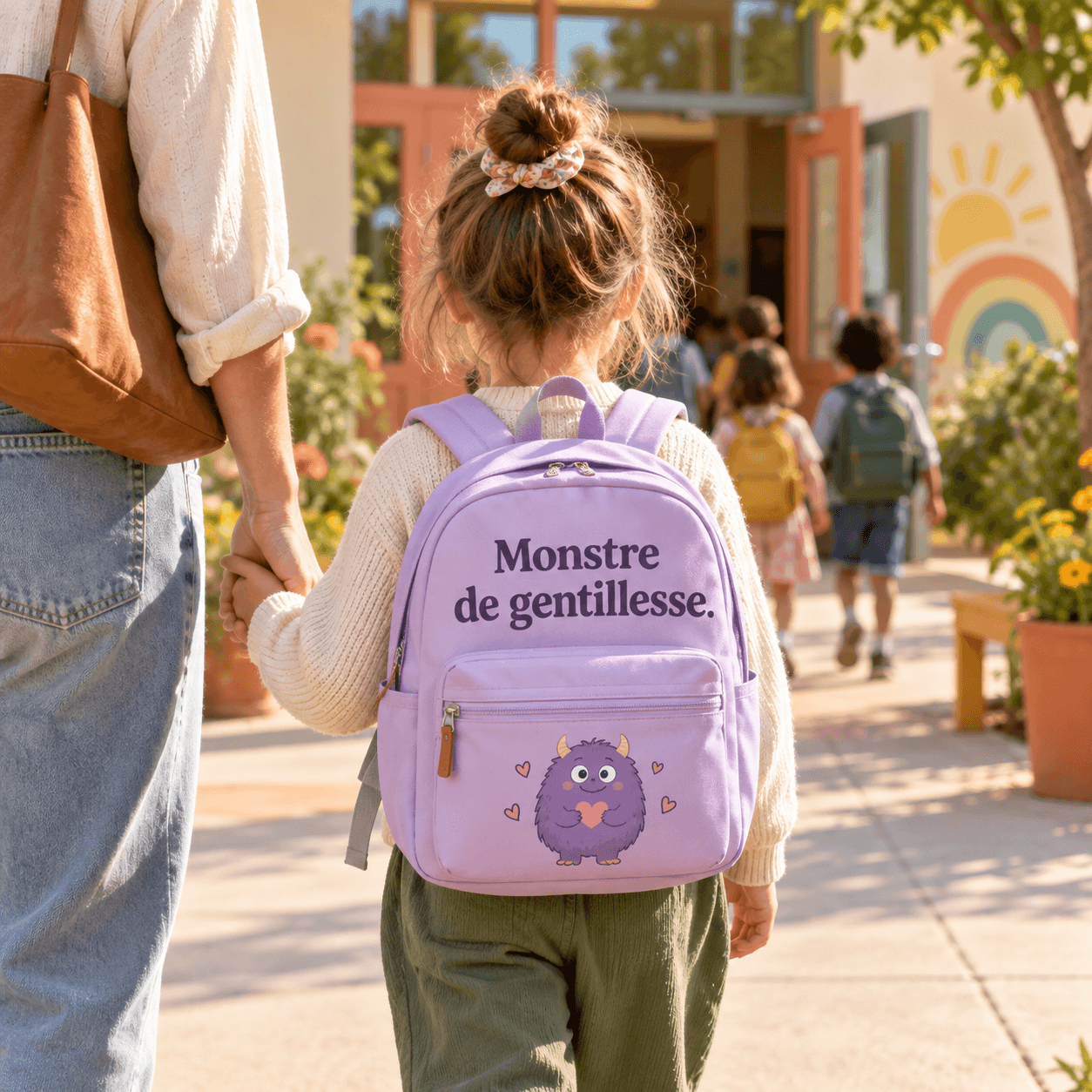Enfant portant un sac personnalisé : « Monstre de gentillesse. »
