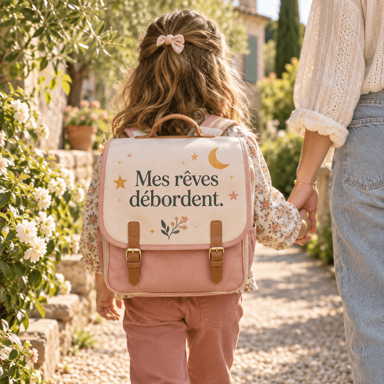 Enfant portant un sac personnalisé : « Mes rêves débordent. »