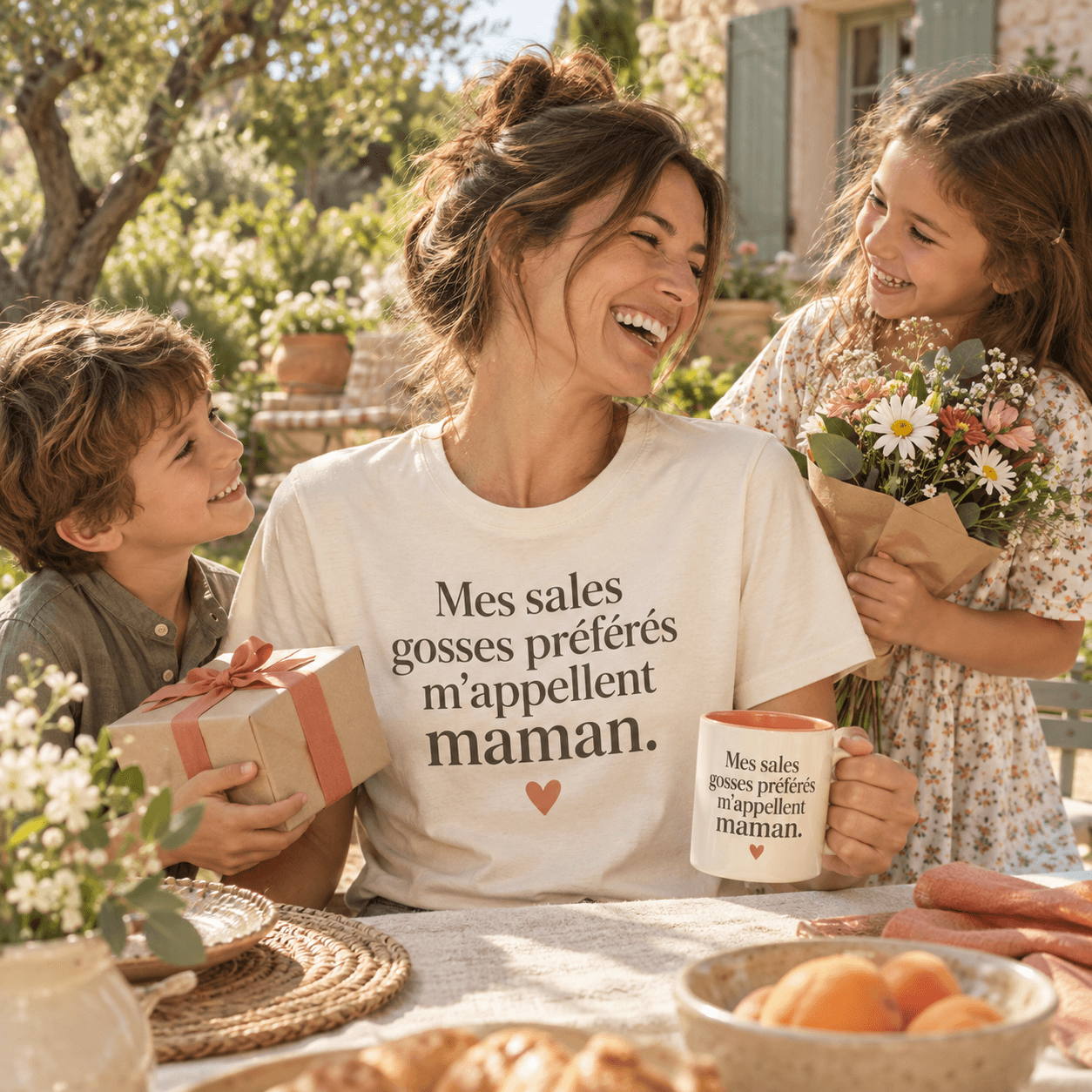 Une maman entourée de ses enfants avec son T-shirt et son mug personnalisés