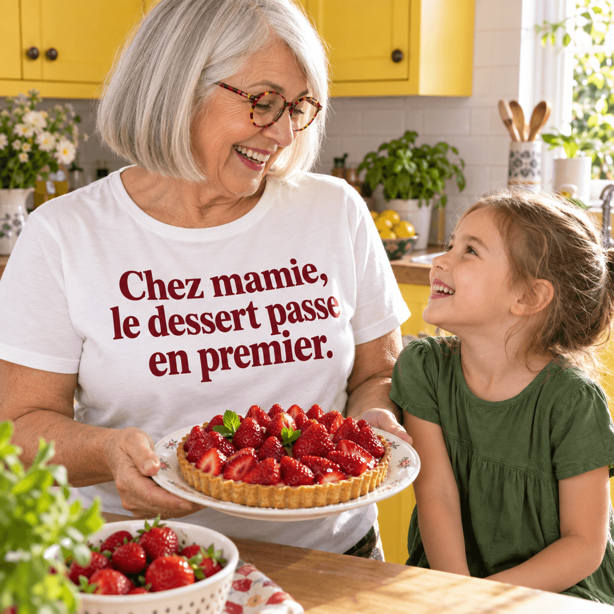 Mamie et sa petite-fille partagent une tarte, avec le T-shirt Chez mamie, le dessert passe en premier.