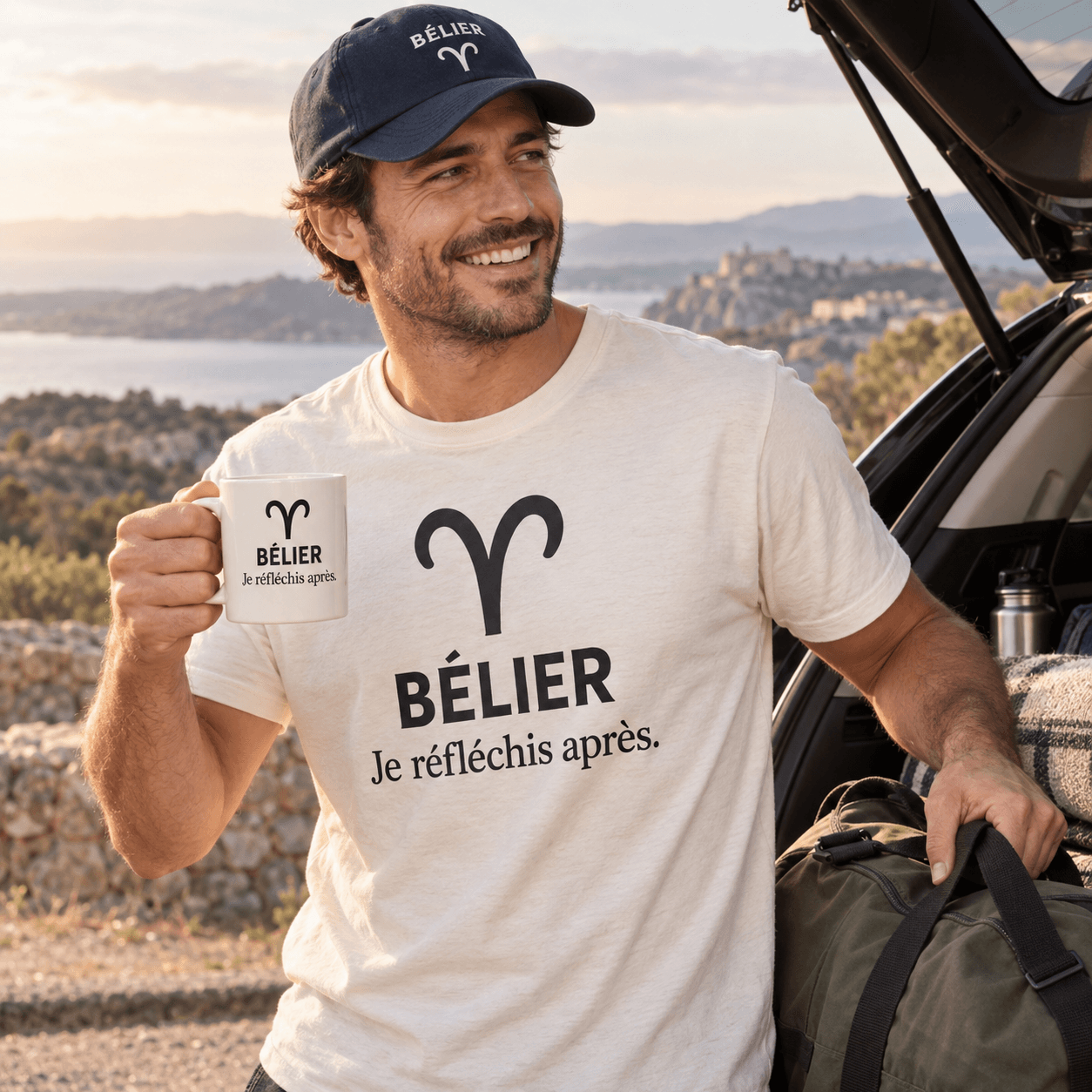 Mise en scène Bélier : T-shirt avec Bélier au-dessus de « Je réfléchis après. », mug et casquette assortis