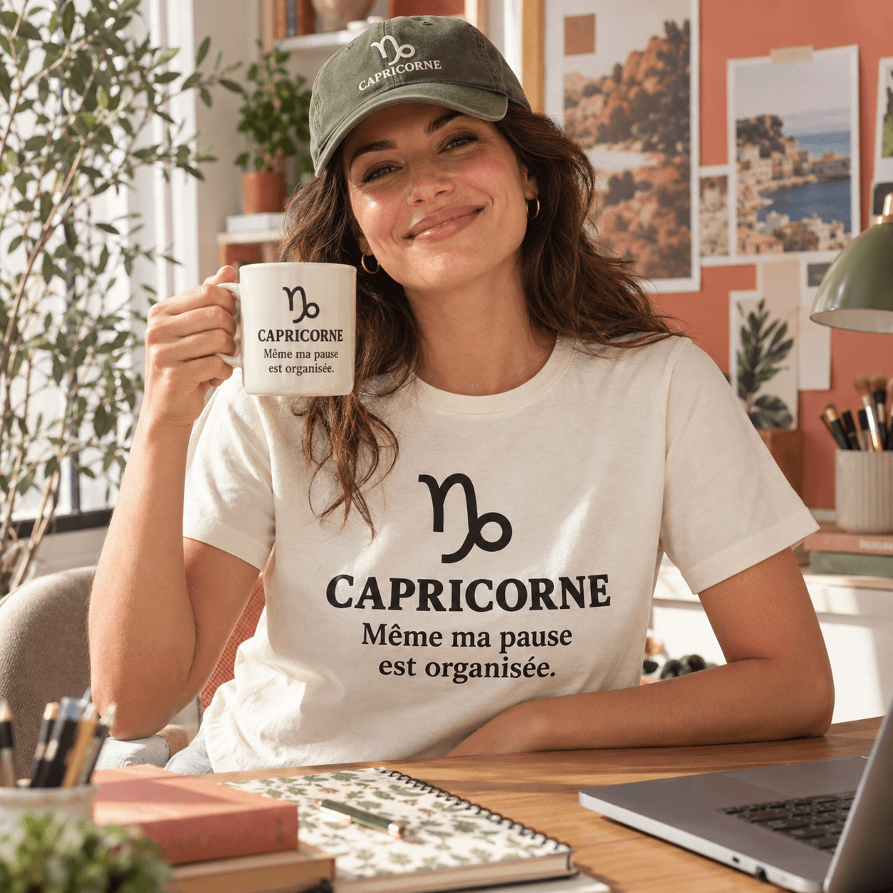 Mise en scène Capricorne : T-shirt avec Capricorne au-dessus de « Même ma pause est organisée. », mug et casquette assortis