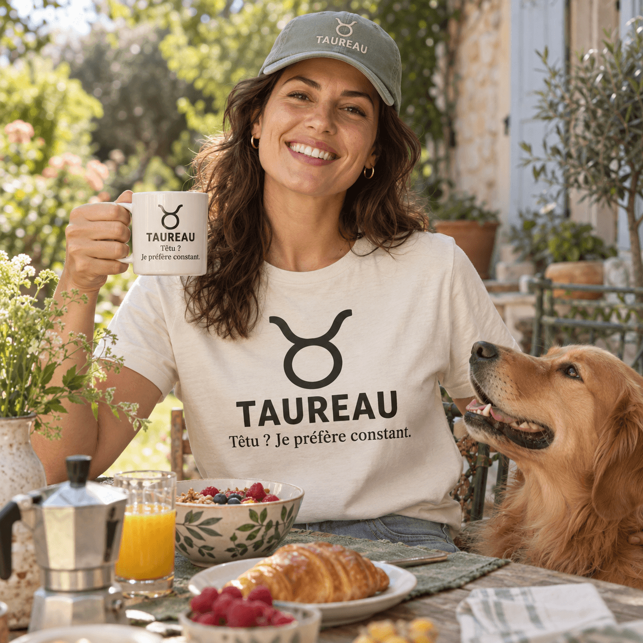 Mise en scène Taureau : T-shirt avec Taureau au-dessus de « Têtu ? Je préfère constant. », mug et casquette assortis