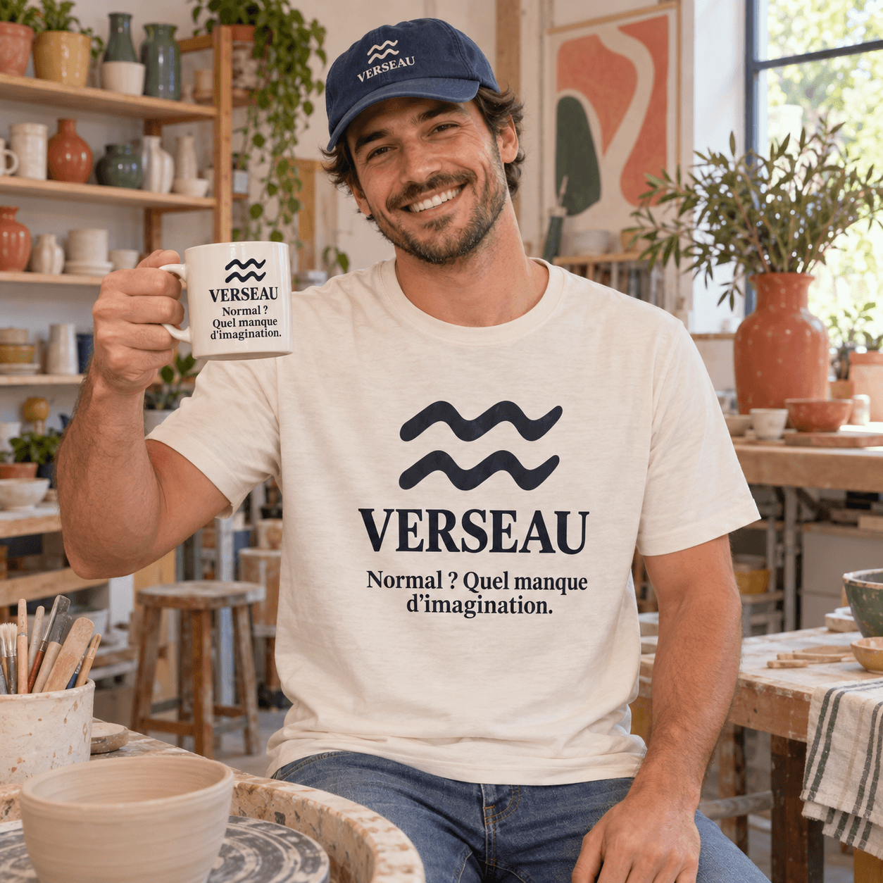 Mise en scène Verseau : T-shirt avec Verseau au-dessus de « Normal ? Quel manque d’imagination. », mug et casquette assortis