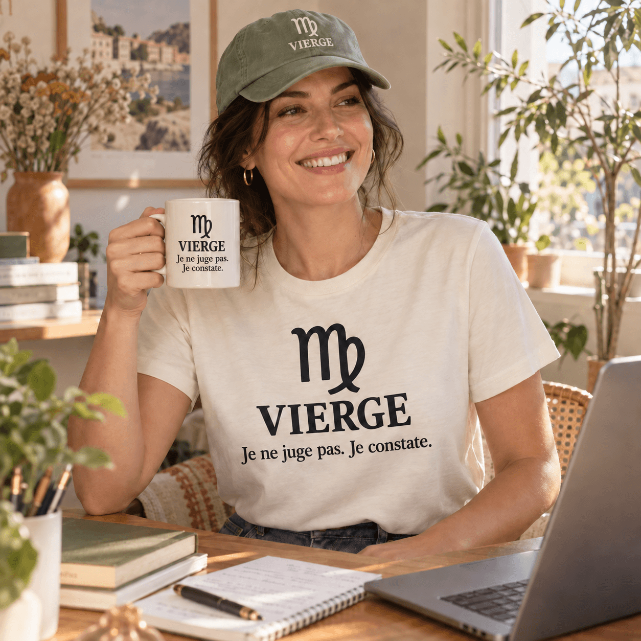 Mise en scène Vierge : T-shirt avec Vierge au-dessus de « Je ne juge pas. Je constate. », mug et casquette assortis