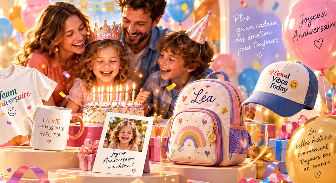 Une famille fête un anniversaire entourée de ballons colorés, d’un gâteau et de cadeaux personnalisés