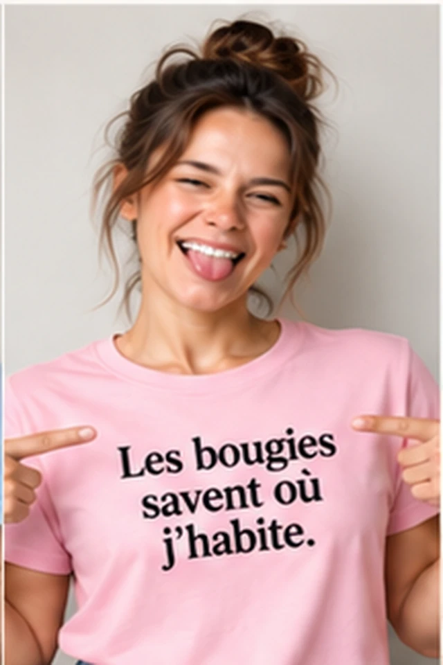 Femme portant un T-shirt rose avec le slogan Les bougies savent où j’habite.