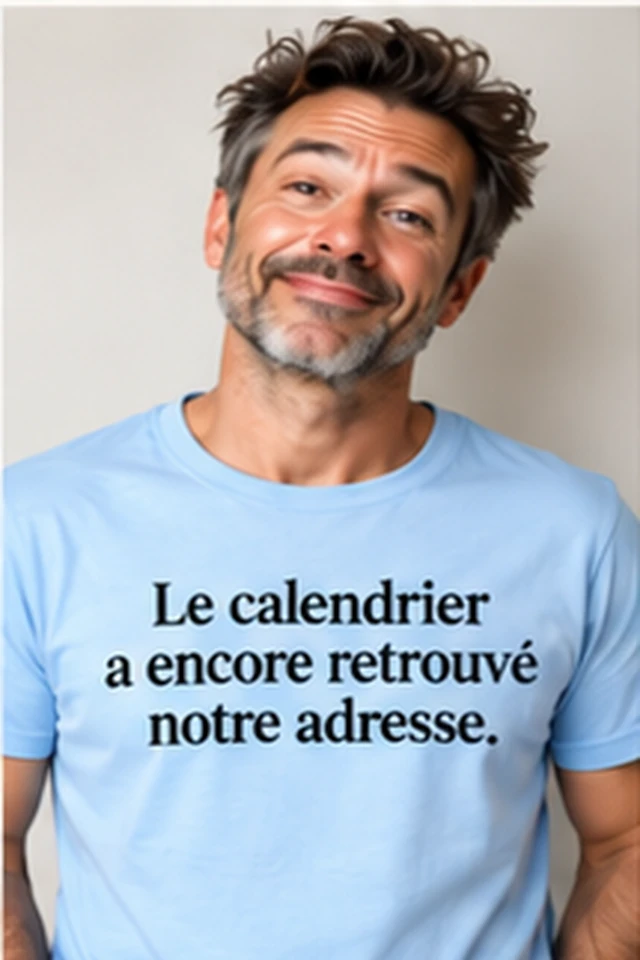 Homme portant un T-shirt bleu clair avec le slogan Le calendrier a encore retrouvé notre adresse.