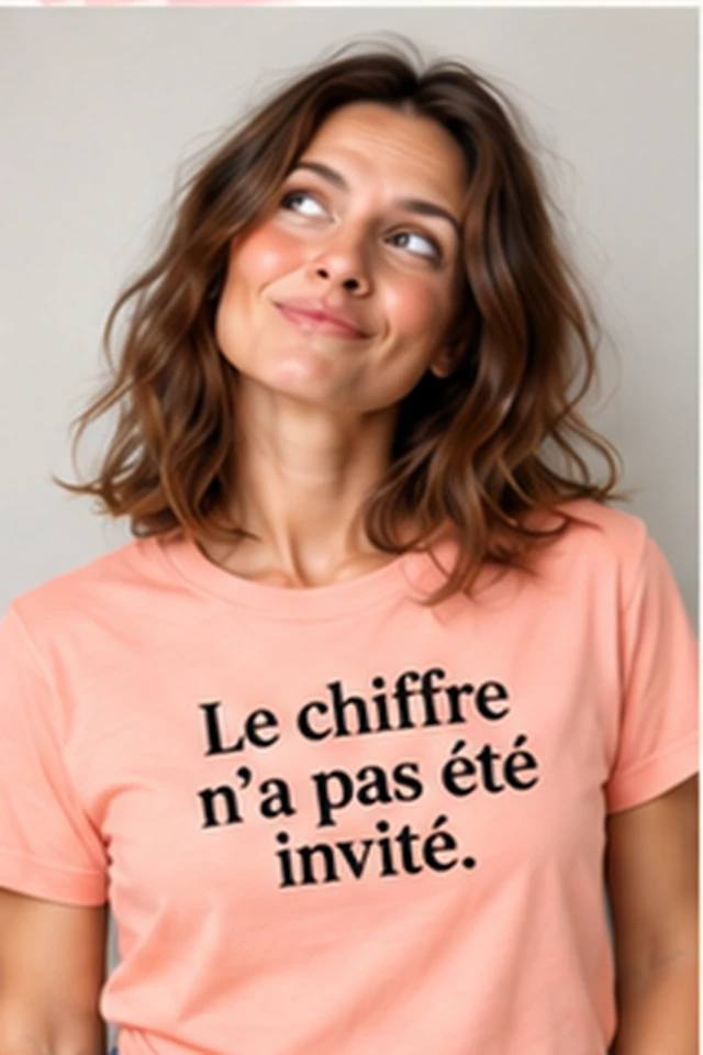 Femme portant un T-shirt corail avec le slogan Le chiffre n’a pas été invité.