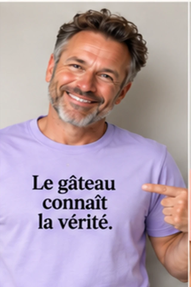 Homme portant un T-shirt violet clair avec le slogan Le gâteau connaît la vérité.