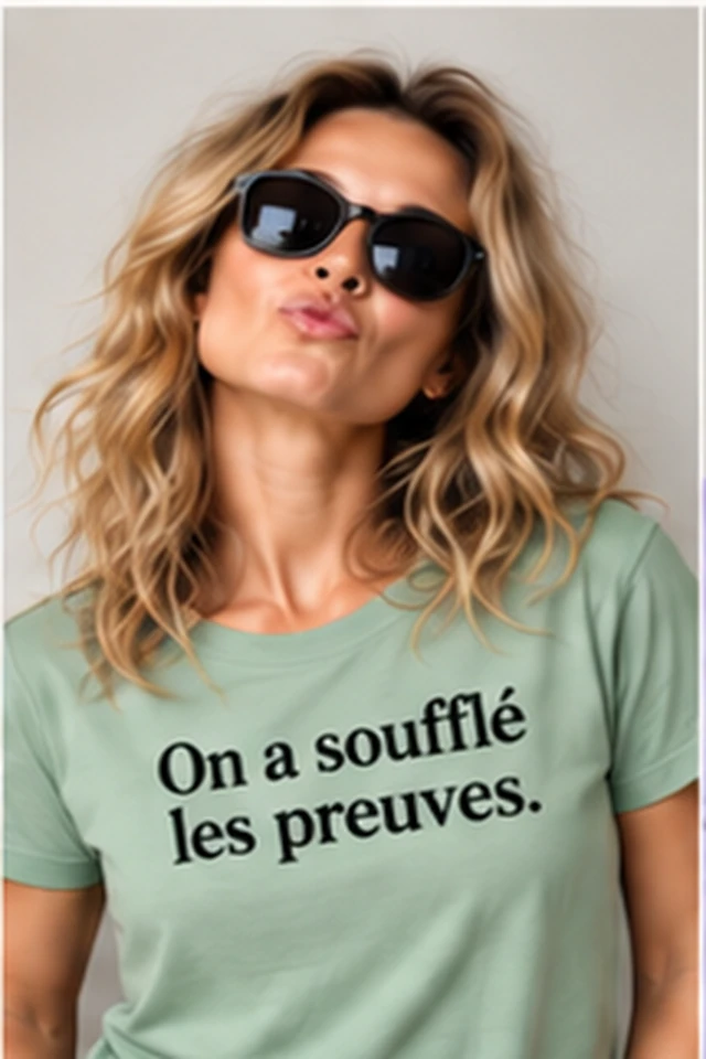 Femme portant un T-shirt vert doux avec le slogan On a soufflé les preuves.