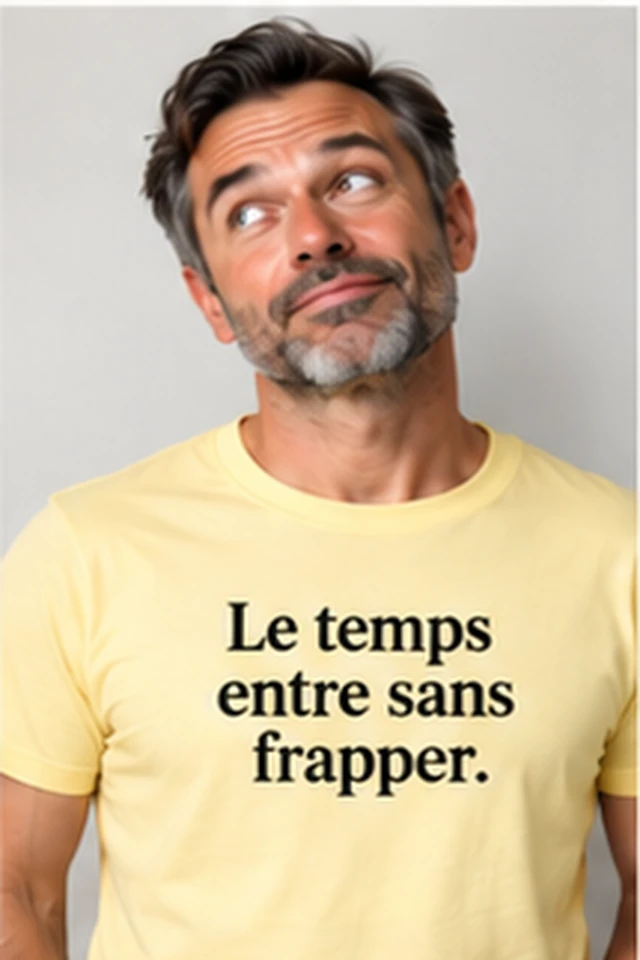 Homme portant un T-shirt jaune avec le slogan Le temps entre sans frapper.