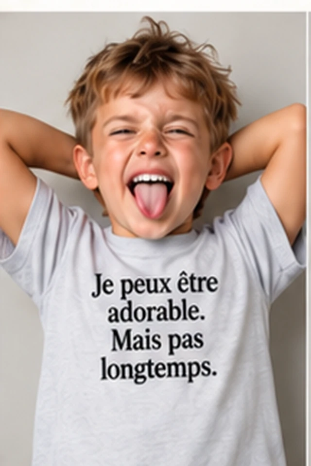 Enfant faisant une grimace et portant un T-shirt avec le slogan Je peux être adorable. Mais pas longtemps.