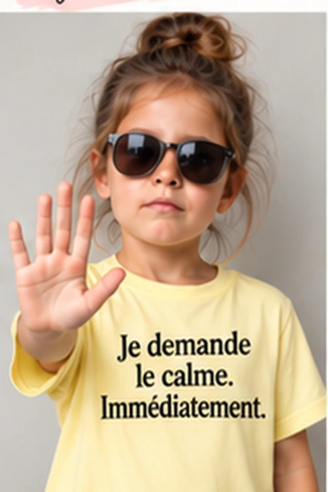 Enfant portant des lunettes et tendant la main, avec le slogan Je demande le calme. Immédiatement.