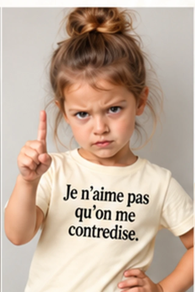 Enfant levant un doigt, portant un T-shirt avec le slogan Je n’aime pas qu’on me contredise.