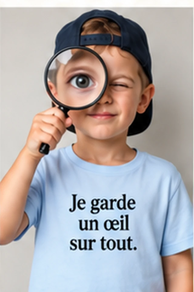 Enfant tenant une loupe et portant un T-shirt avec le slogan Je garde un œil sur tout.