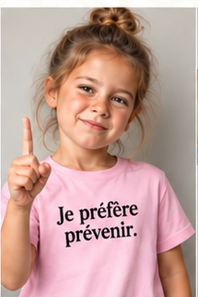 Enfant levant un doigt et portant un T-shirt avec le slogan Je préfère prévenir.